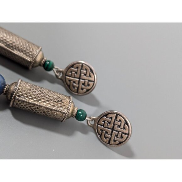 Vintage Celtic Knot Blue Green Stone Long Dangle Earrings Silver Tone - Picture 3 of 7
